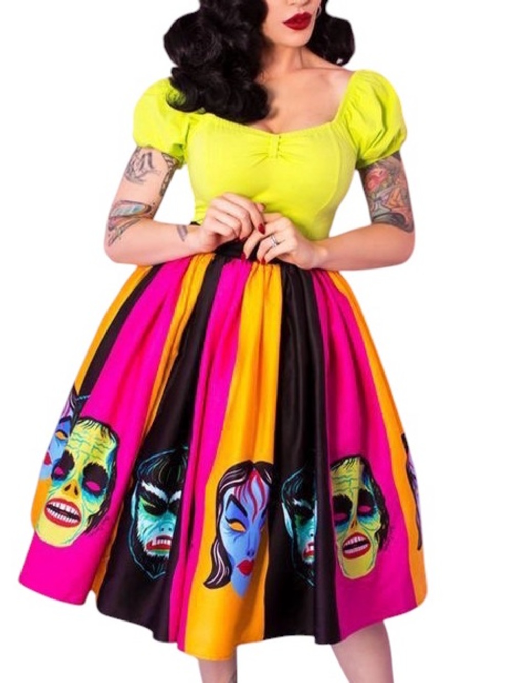 Vixen Swing Skirt in Stripe Monster Mask Print